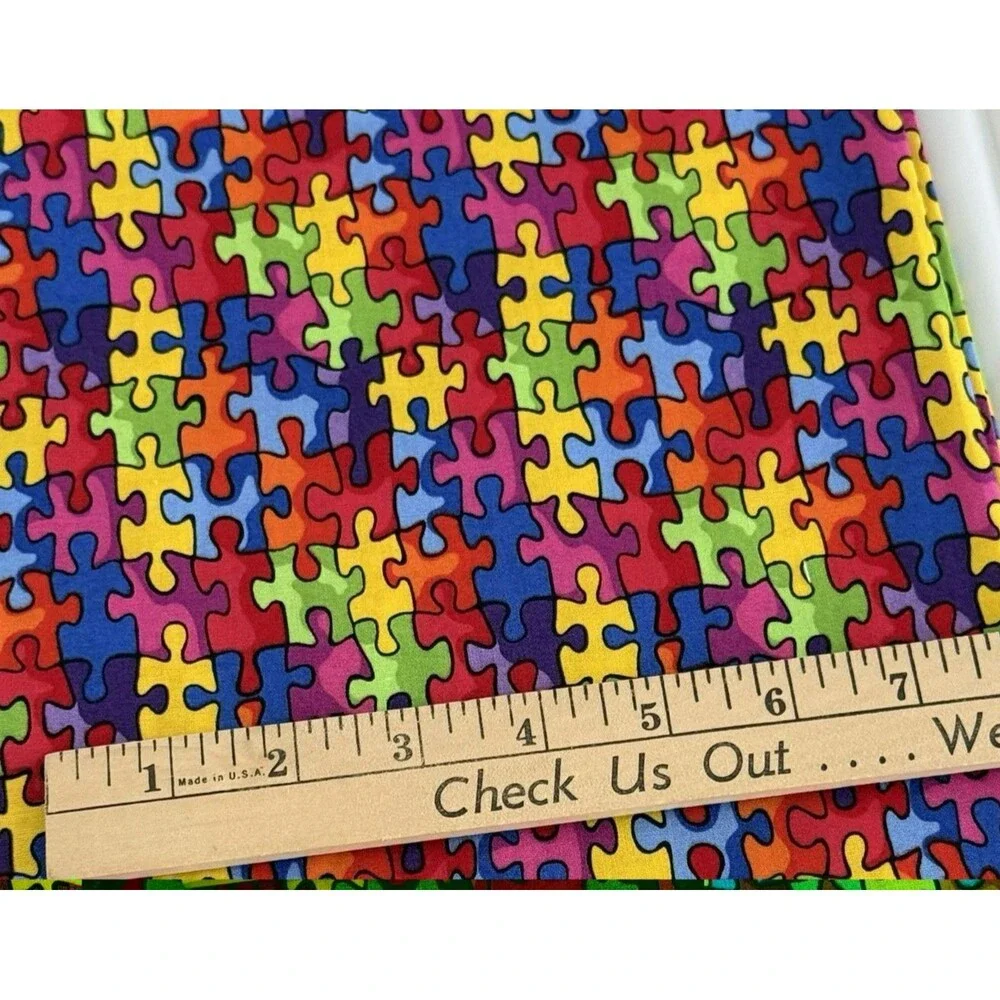 Jigsaw Puzzle Quilt Fabric AUTISM AWARENESS Cotton Print BTY Rainbow Sew 19596